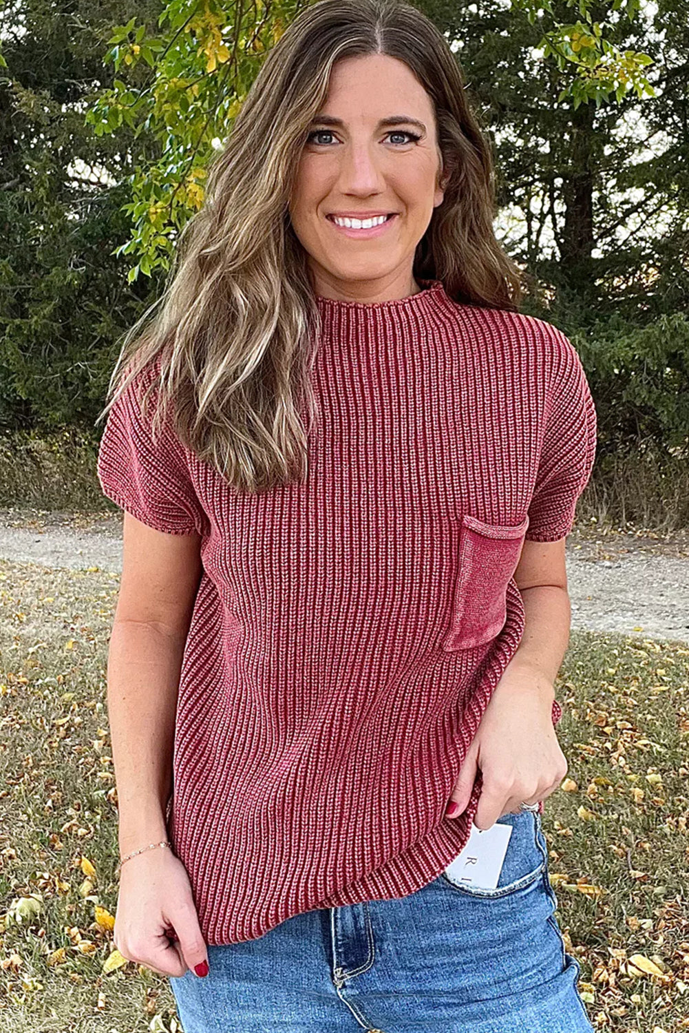 Red Dahlia Mineral Wash Ribbed Knit Patched Pocket Short Sleeve Loose Sweater