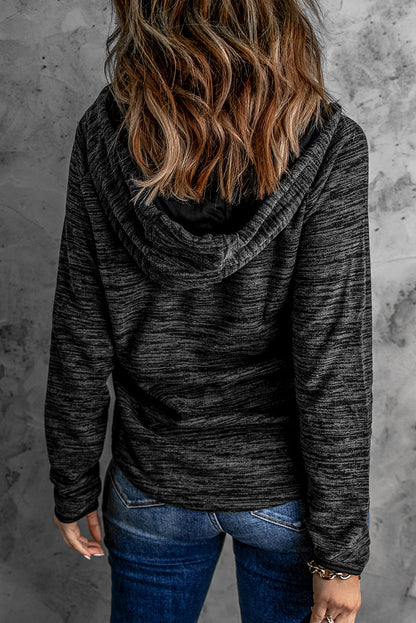 Heathered Black Button Snap Neck Pullover Hoodie with Pocket