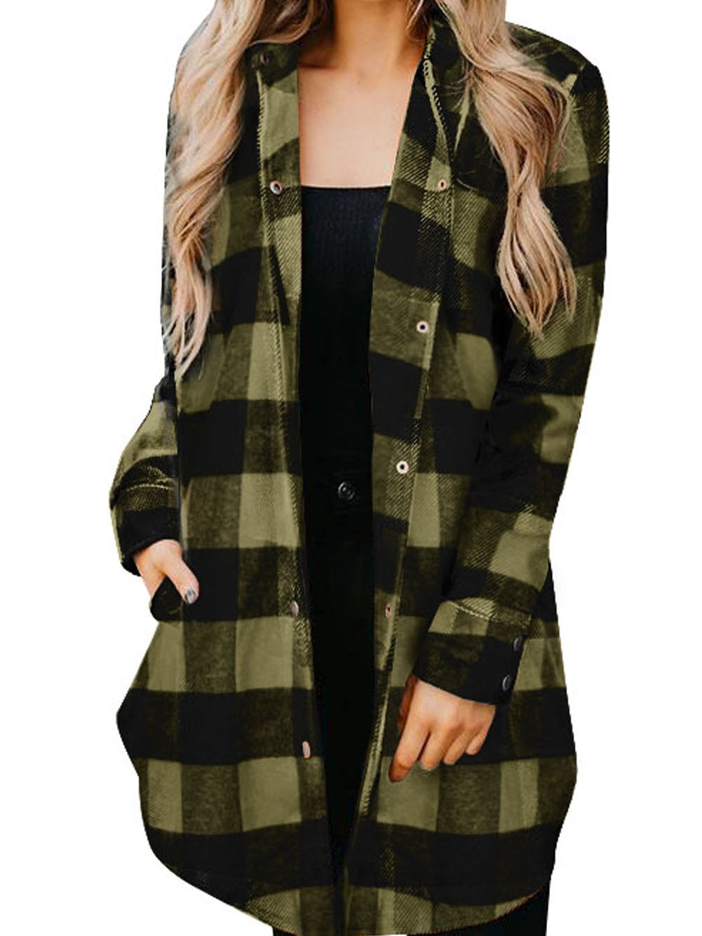 Green Plaid Button-Up Shirt Jacket