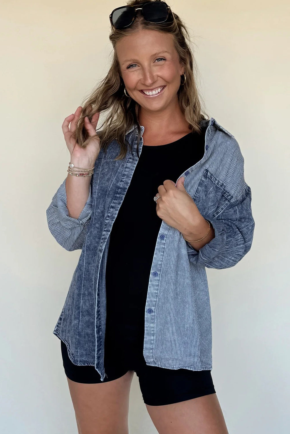 Myosotis Denim Mixed Stripe Patchwork Drop Shoulder Jacket