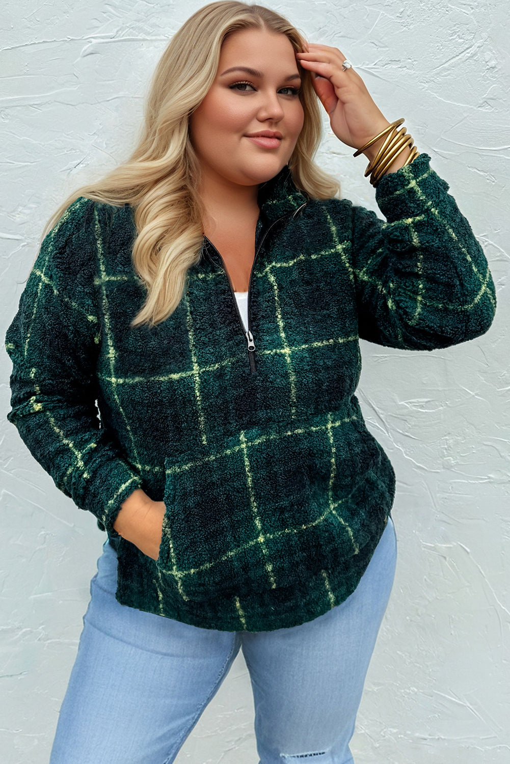 Green Plaid Print Collar Half Zip Plus Size Fleece Sweatshirt