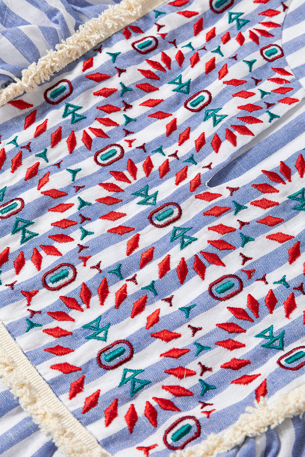 Sky Blue Embroidered Tassel Detail Striped Ruffle Sleeve Plus Blouse