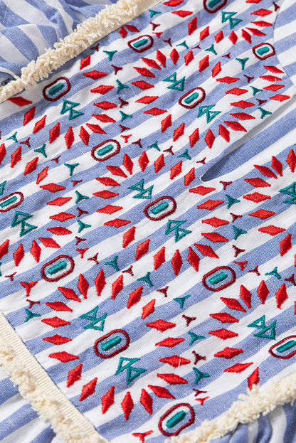 Sky Blue Embroidered Tassel Detail Striped Ruffle Sleeve Plus Blouse