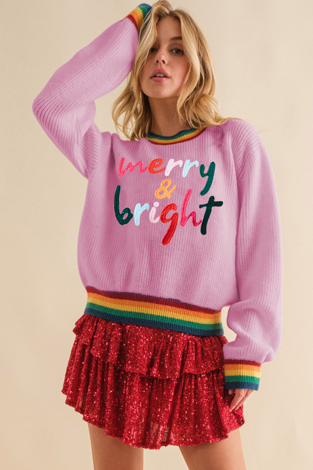 Festive Glitter Stripe Trim Casual Sweater