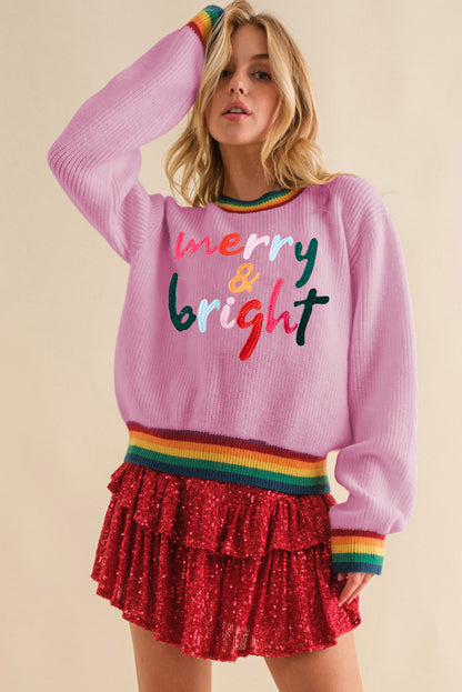 Festive Glitter Stripe Trim Casual Sweater