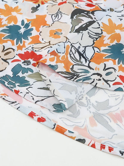 Floral Print Split V Neck Puff Sleeve Blouse