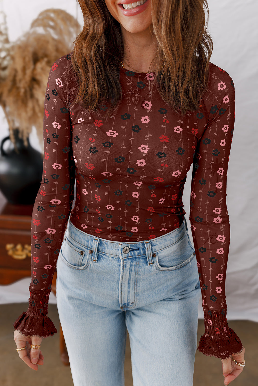 Red Floral Print Smocked Cuff Slim Fit Mesh Bodysuit