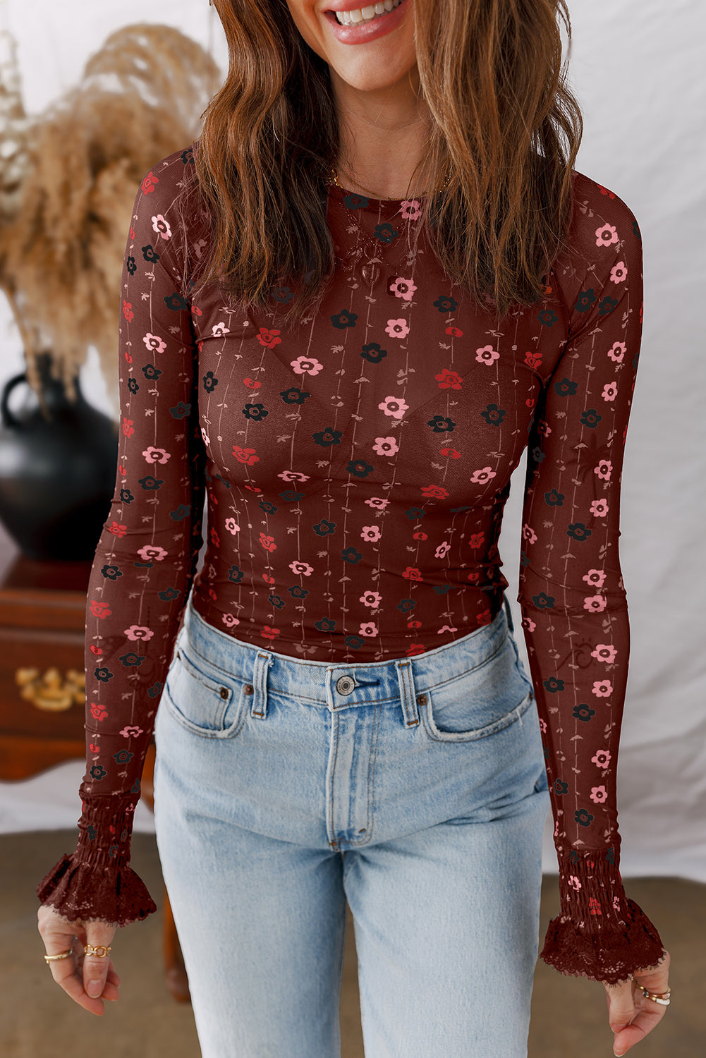 Red Floral Print Smocked Cuff Slim Fit Mesh Bodysuit