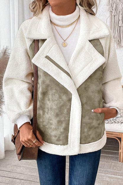 Laurel Green Faux Suede Sherpa Patchwork Zip Up Pocketed Jacket
