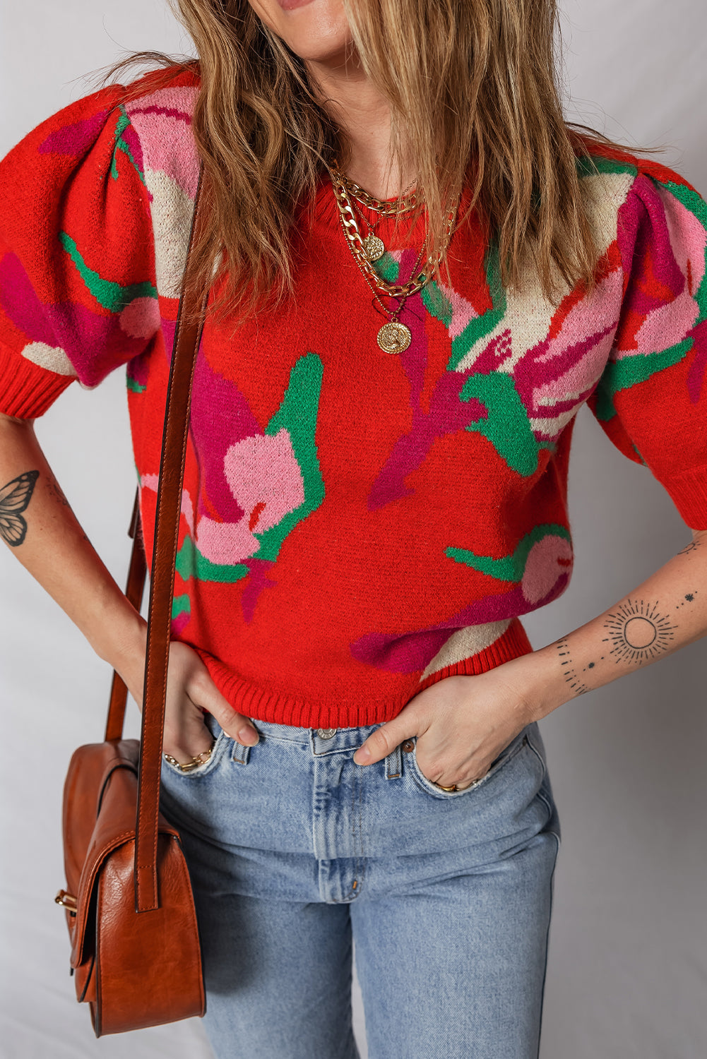 Red Floral Abstract Print Short Puff Sleeve Sweater
