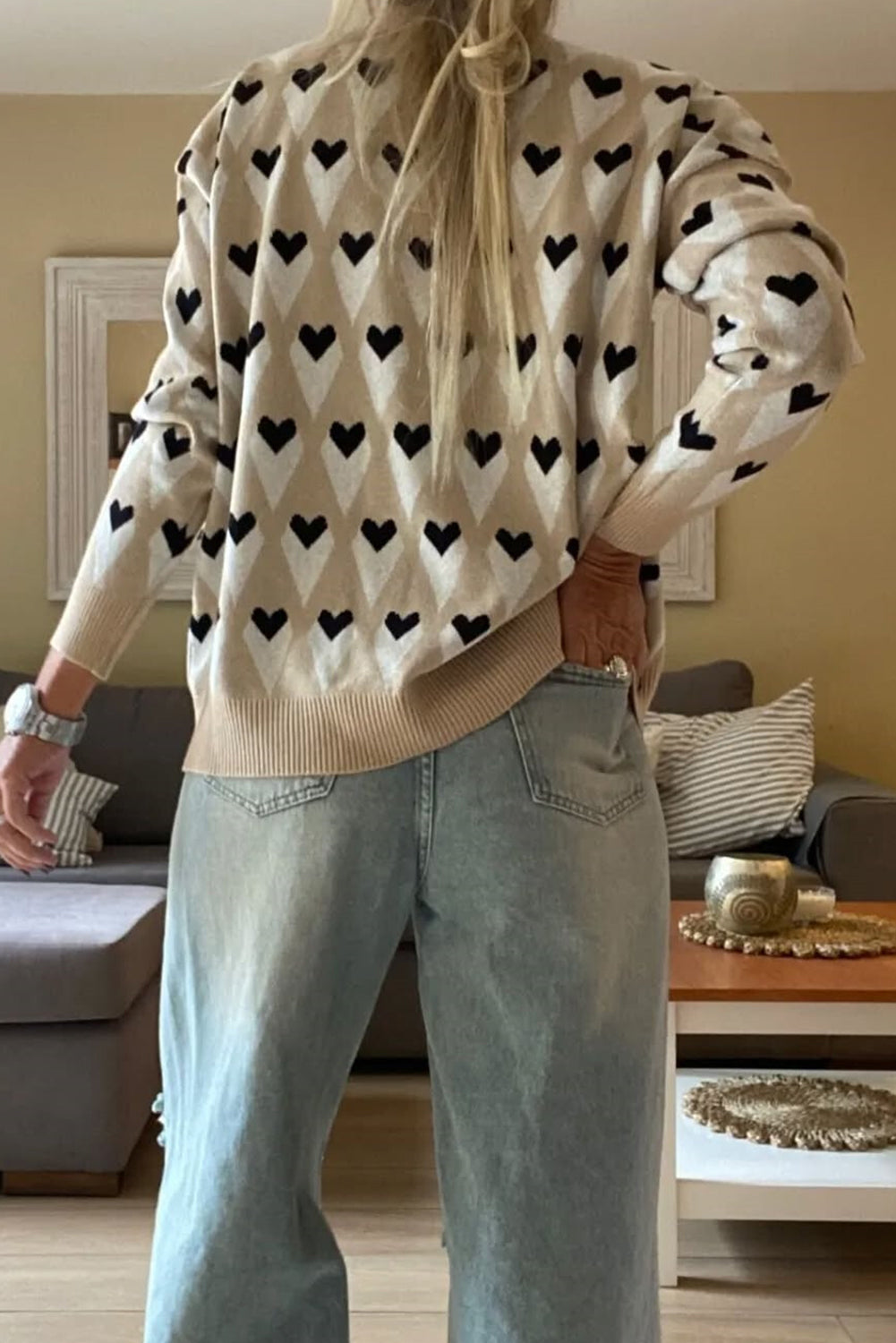 Parchment Geometric Heart Print Ribbed Trim Loose Sweater