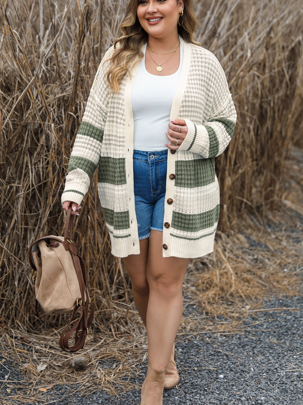 White Plus Size Color Block Cable Knit Buttoned Cardigan