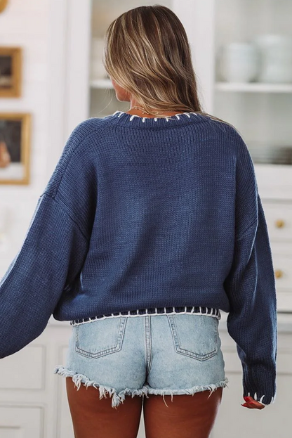 Peacock Blue Contrast Trim Bow Pattern Plus Size Sweater