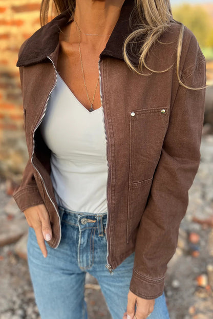 Coffee Corduroy Collar Zipped Front Denim Jacket