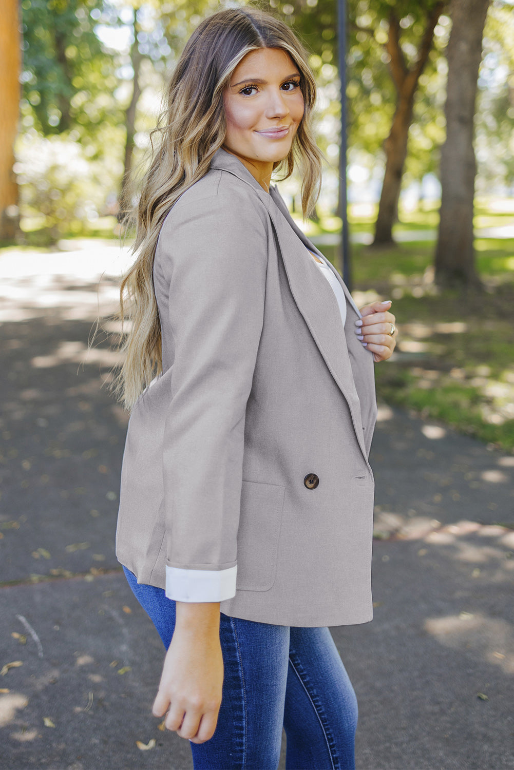 Gray Buttoned Lapel Collar Blazer with Pocket