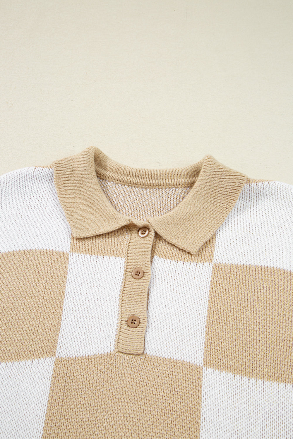 Light French Beige Checkered Pattern Polo Collar Loose Sweater