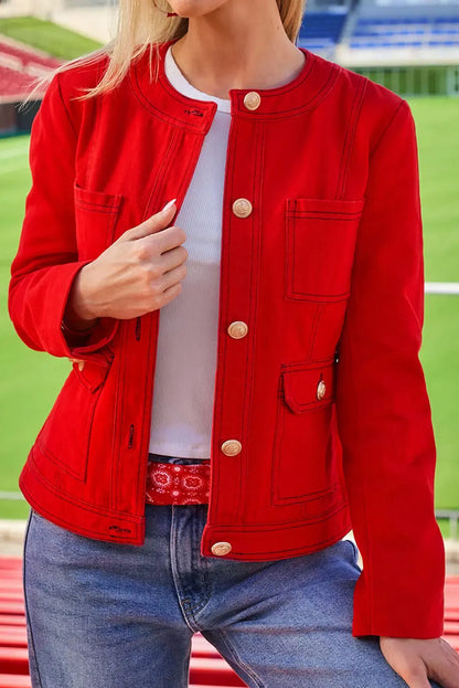 Fiery Red Patched Pocket Golden Buttons Tailored Jacket