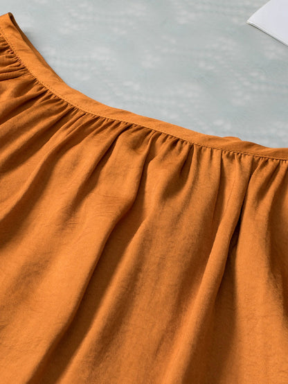 Graceful Camel Satin Pleated V Neck Puff Sleeve Blouse