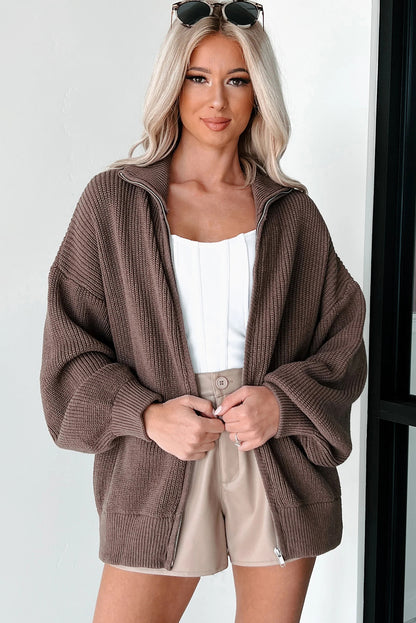 Chicory Coffee Drop Shoulder Collared Zip Up Sweater Cardigan