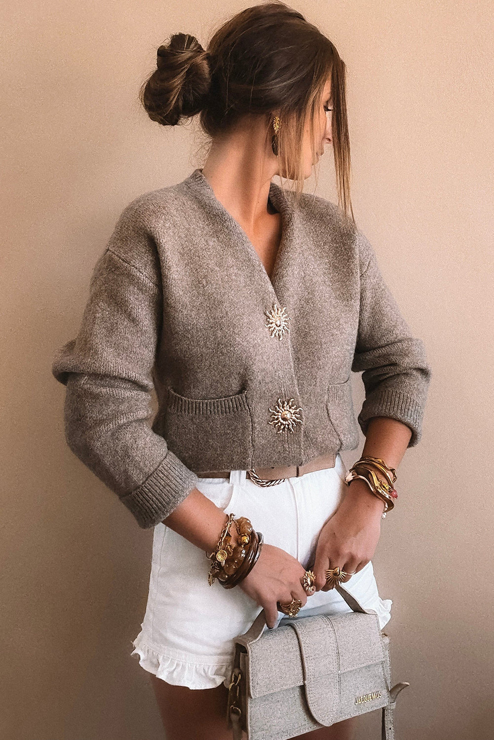 Simply Taupe Sun Goddess Metal Button V Neck Loose Sweater Cardigan