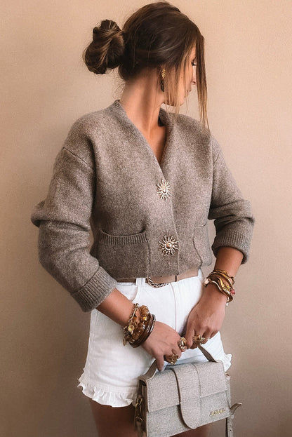 Simply Taupe Sun Goddess Metal Button V Neck Loose Sweater Cardigan