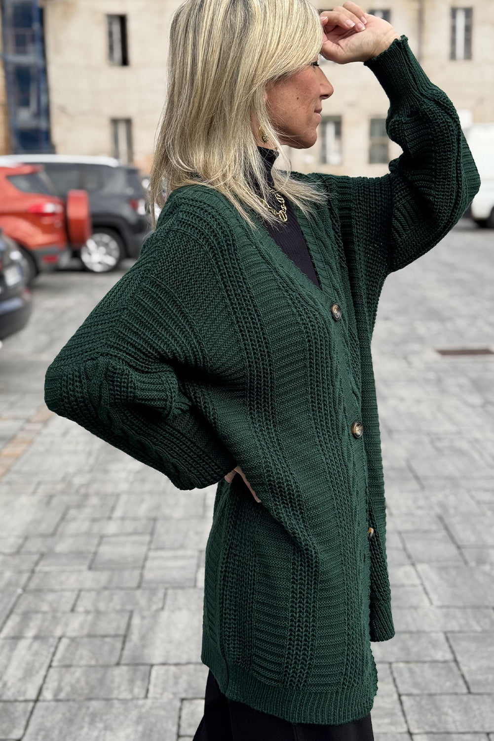 Evergreen Cable Knit Button V Neck Oversize Sweater Cardigan