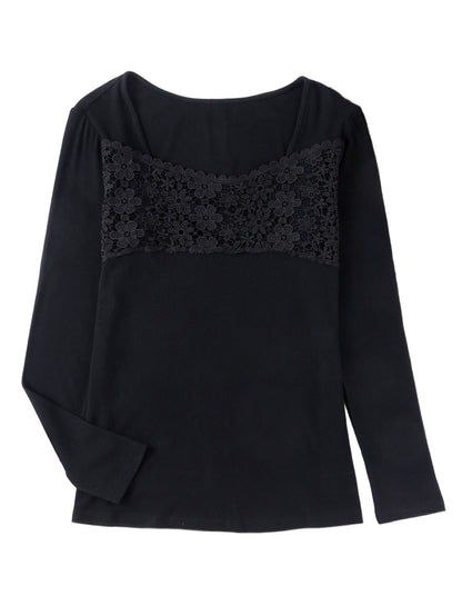 Elegant Black Lace Panel V Neck Long Sleeve Blouse