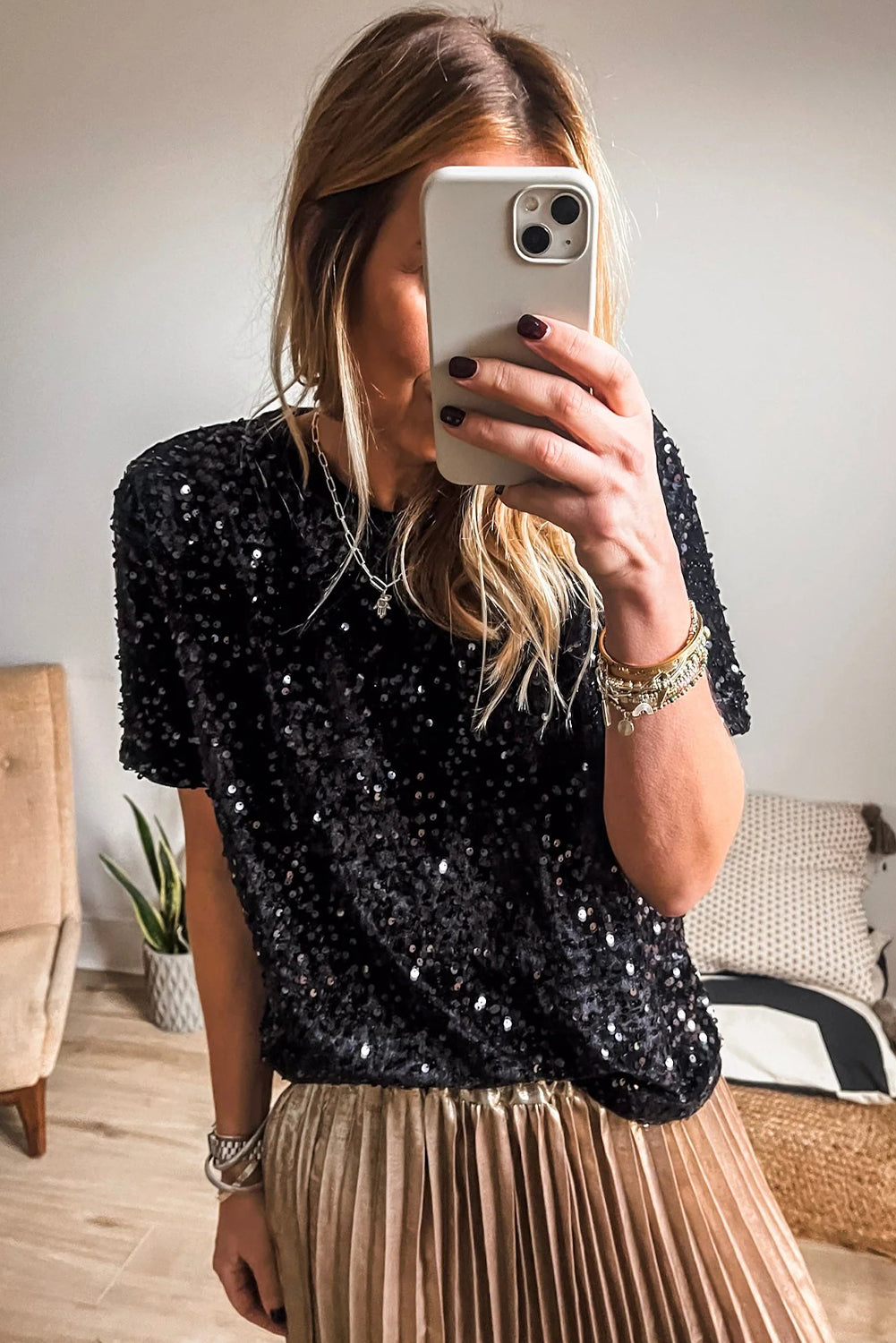 Black Sequin Holiday Crew Neck Sparkly T-Shirt