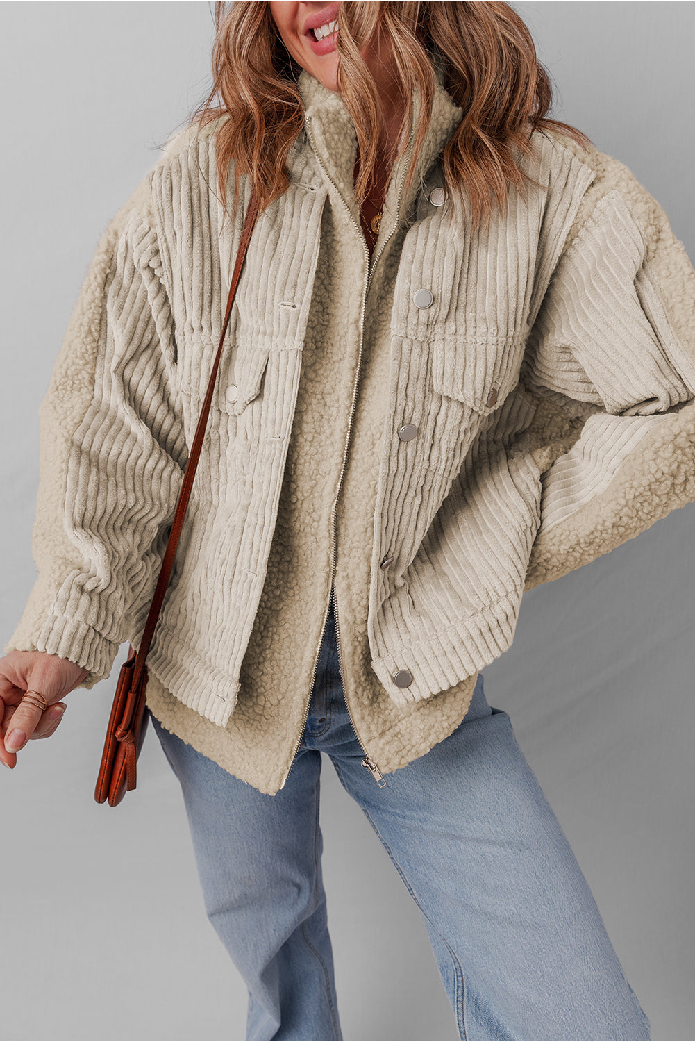 Parchment Zip Up Stand Collar Corduroy Sherpa Patchwork Jacket