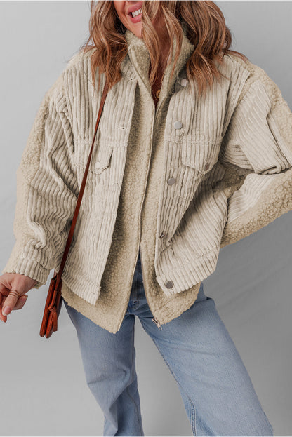 Parchment Zip Up Stand Collar Corduroy Sherpa Patchwork Jacket