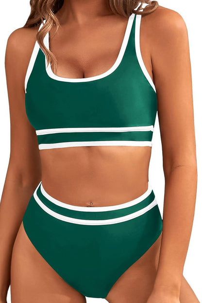 Elegant Dark Green High Waist Bikini with Contrast Trim