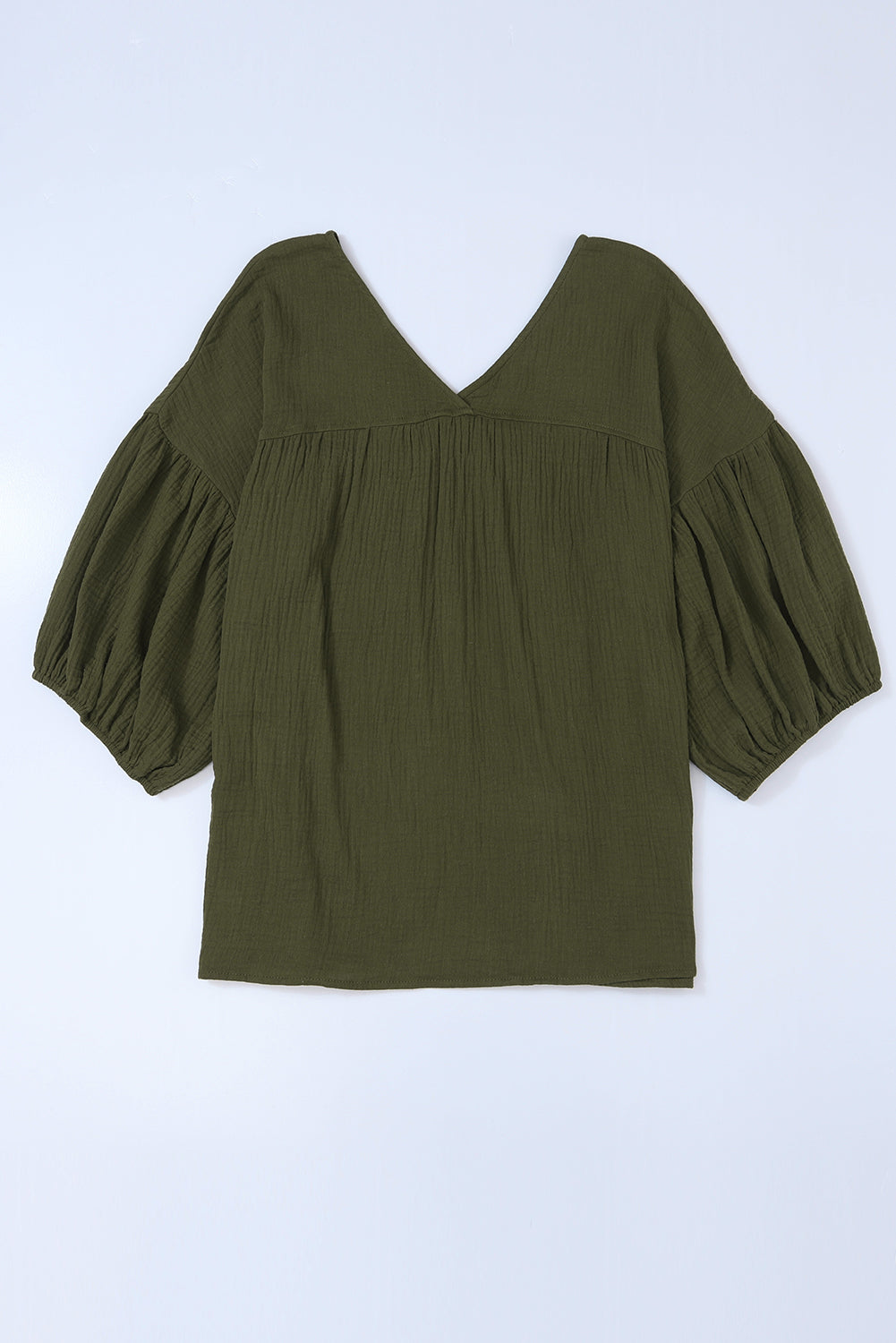 Green Textured V Neck Bracelet Sleeve Babydoll Blouse with Puff Sleeves
