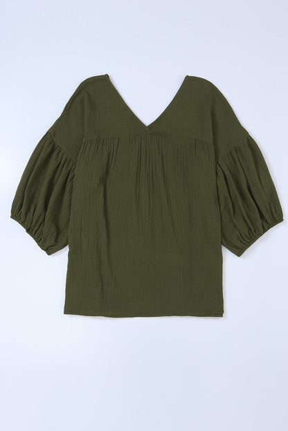 Green Textured V Neck Bracelet Sleeve Babydoll Blouse with Puff Sleeves