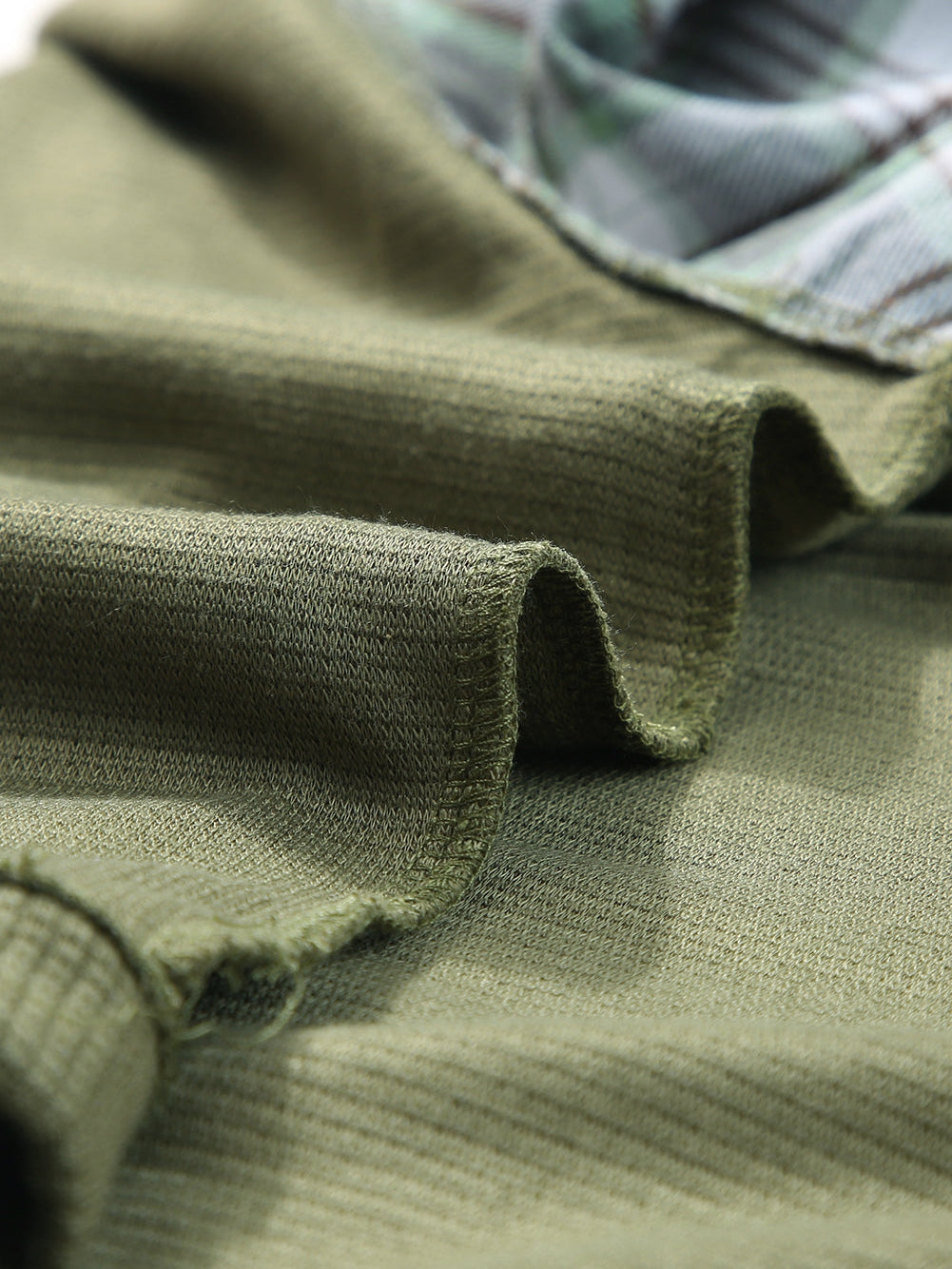 Green Plaid Bubble Sleeve Waffle Knit Patchwork Top