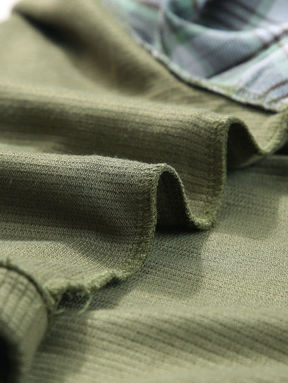 Green Plaid Bubble Sleeve Waffle Knit Patchwork Top