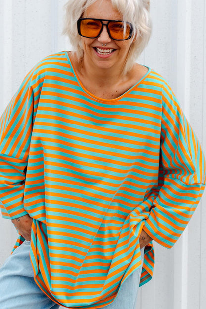 Orange Stripe Plus Size Round Neck Drop Shoulder Oversize Top