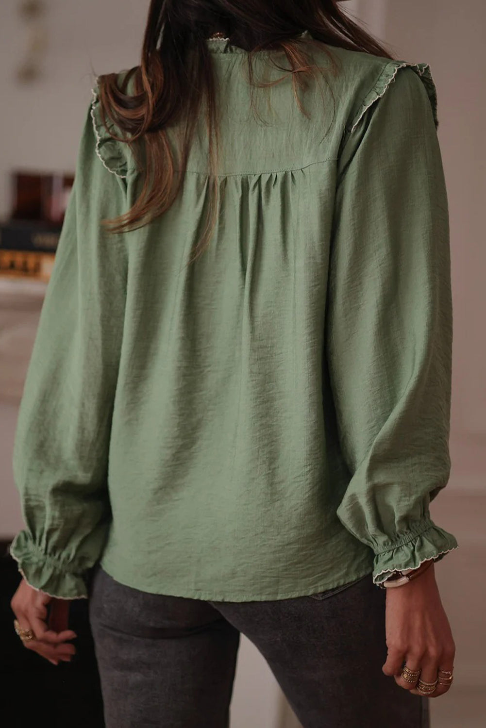 Green Bay Embroidered Ruffle Trim Long Sleeve Loose Shirt