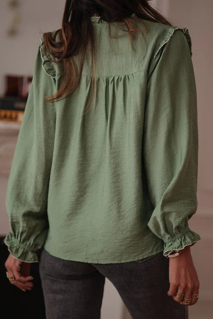 Green Bay Embroidered Ruffle Trim Long Sleeve Loose Shirt