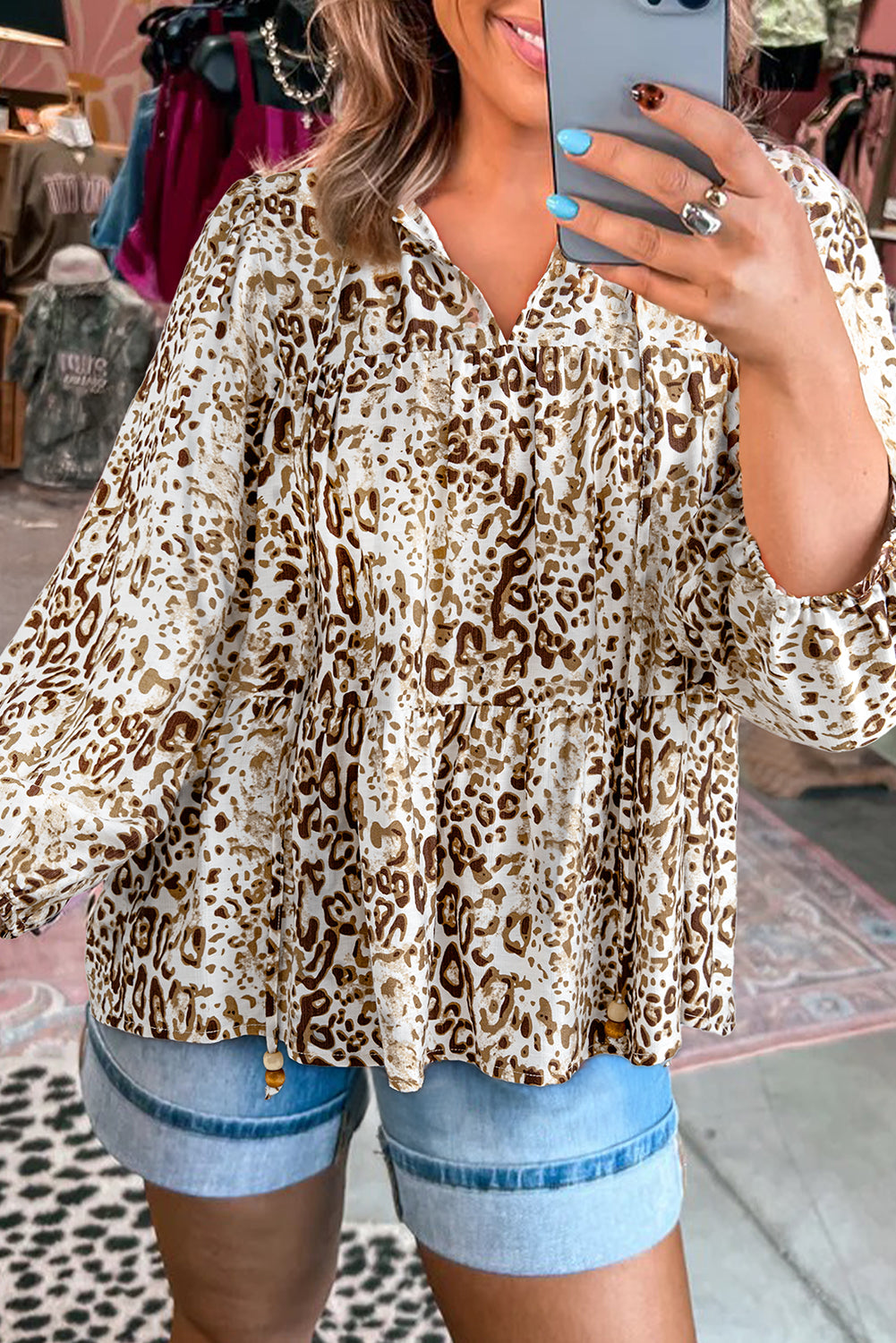 Khaki Leopard Print Long Sleeve Bead Tie V Neck Blouse