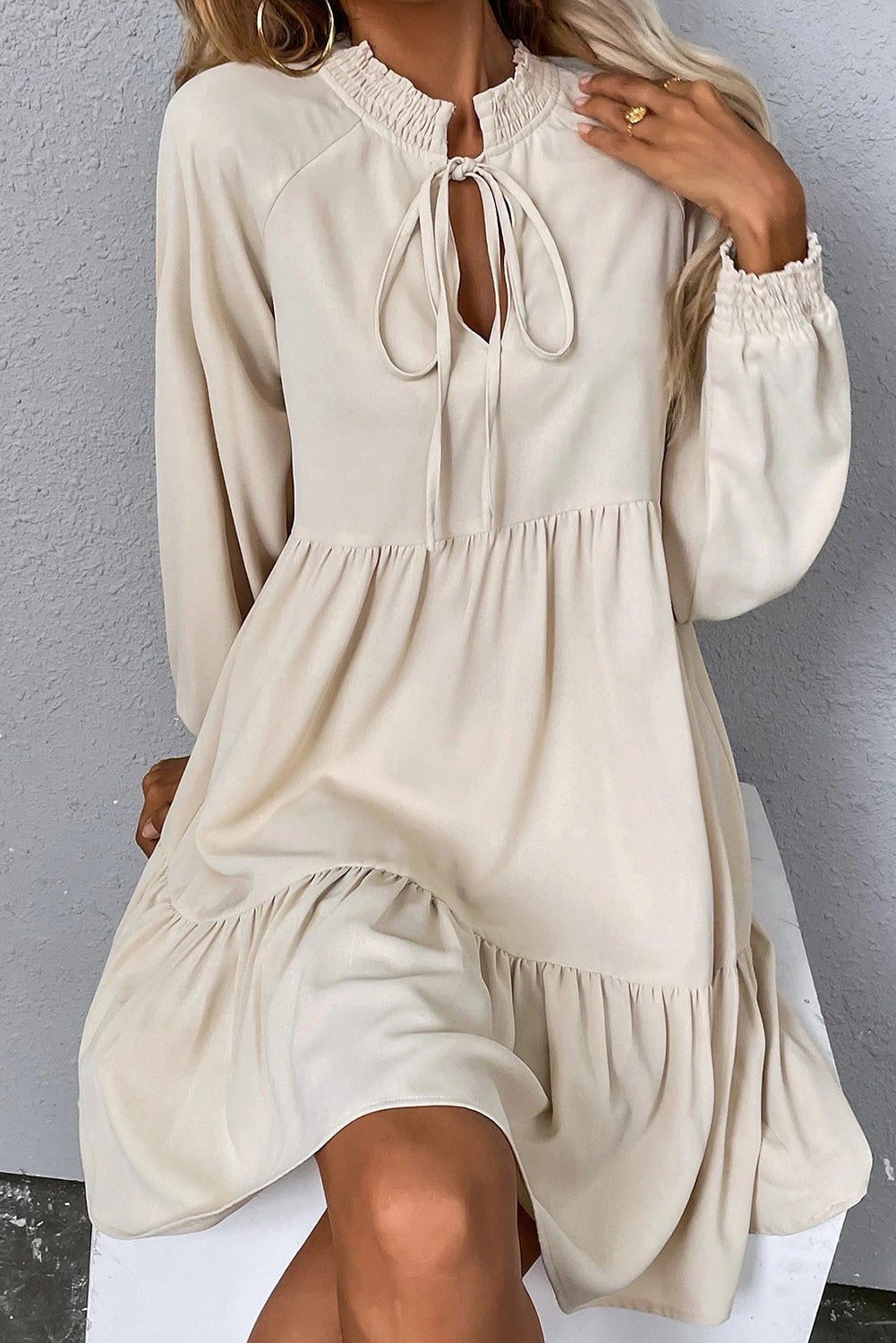 Beige Tie Split Neck Smocked Detail Long Puff Sleeve Ruffle Hem Loose Dress