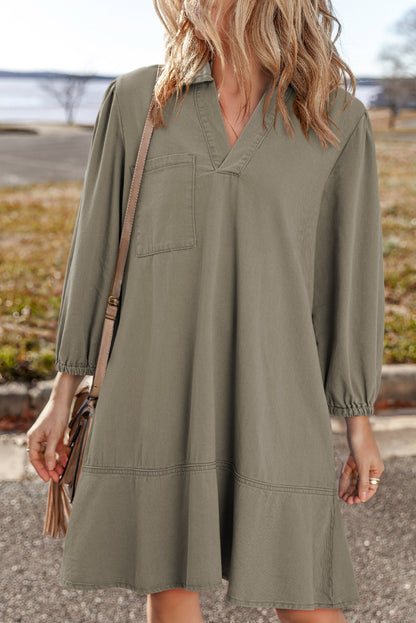 Vineyard Green V Neck Collared Single Chest Pocket Long Sleeve Denim Dress