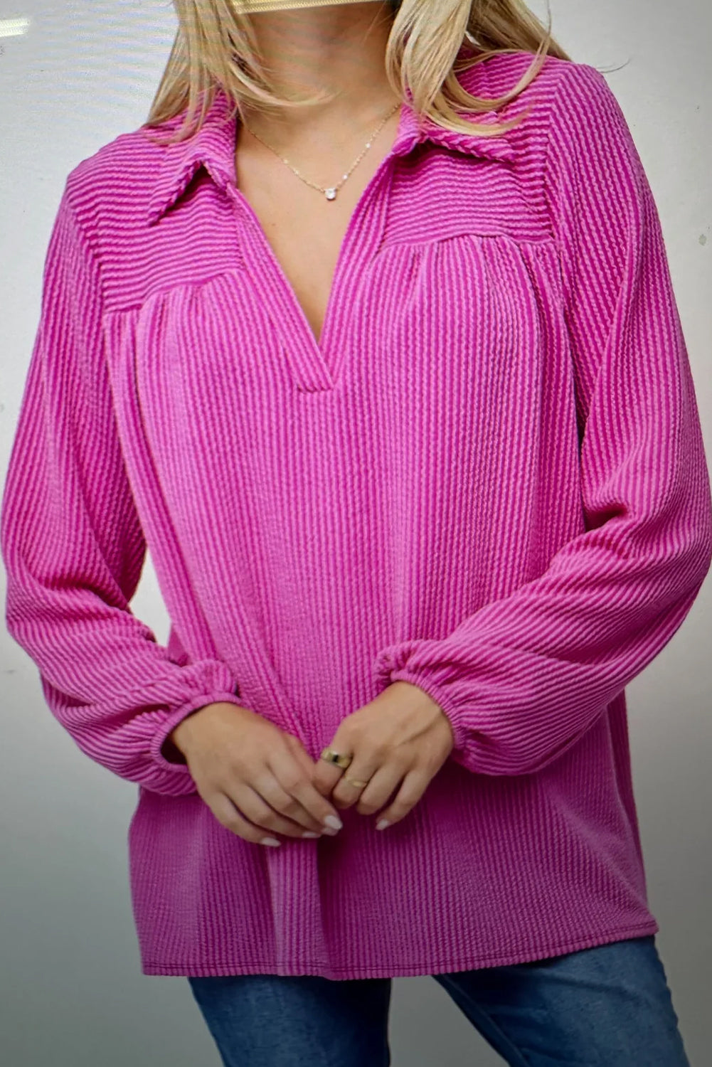 Bright Pink Twisted Ribbed Polo Collar V Neck Long Sleeve Top