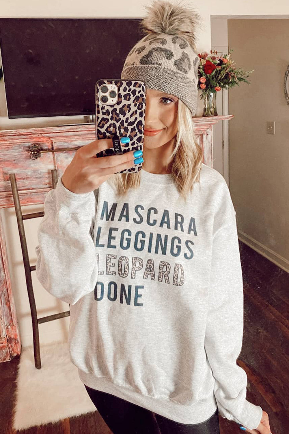 Gray Leopard Print Graphic Pullover Sweatshirt