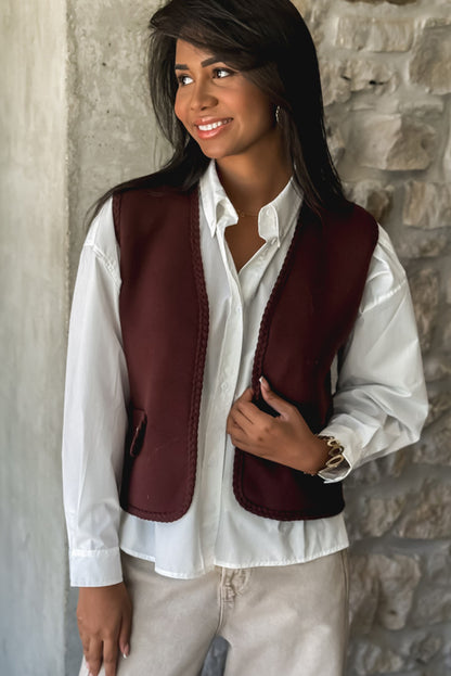 Coffee Braided Trim Open Front Vest