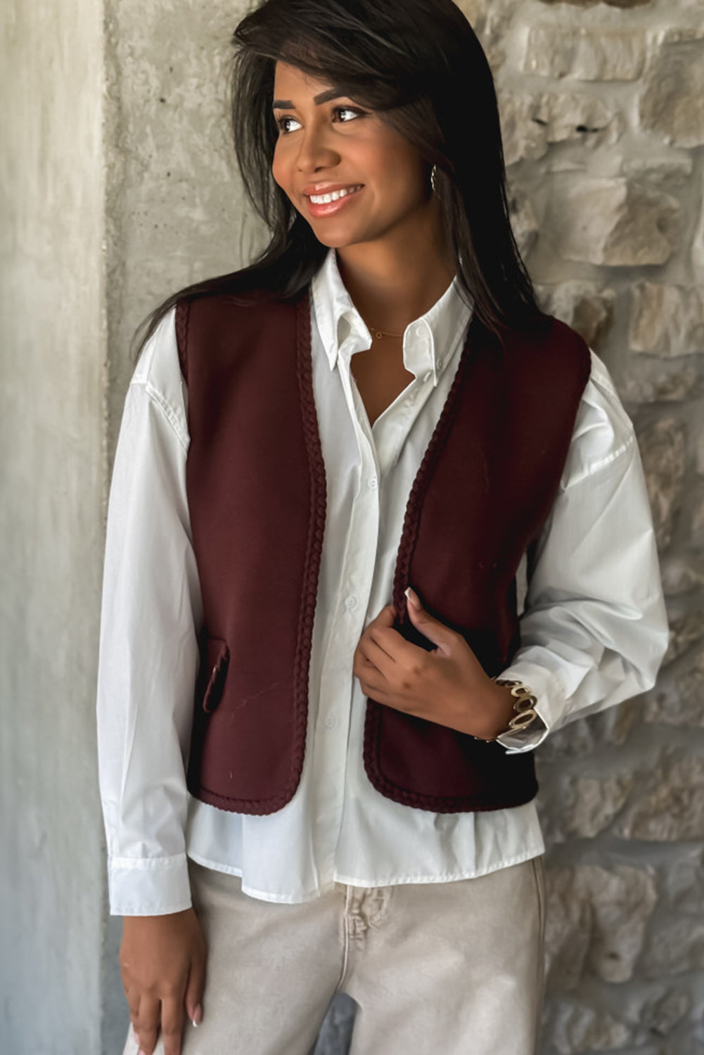 Coffee Braided Trim Open Front Vest