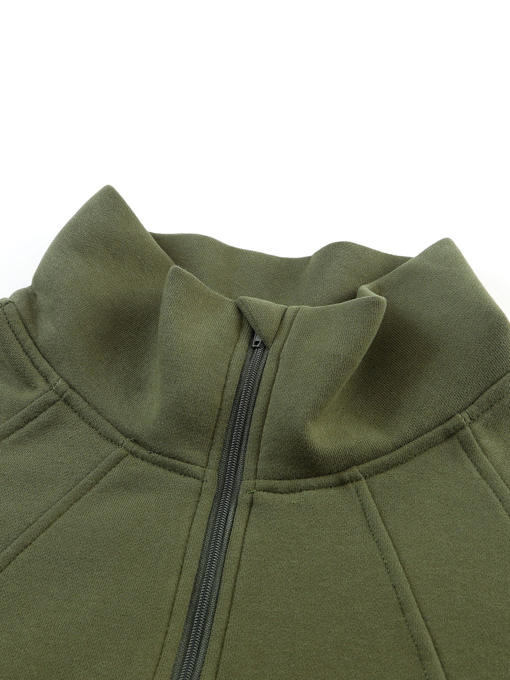 Green Ribbed Stand Collar Thumbhole Sleeve Casual Sweatshirt with Zipper