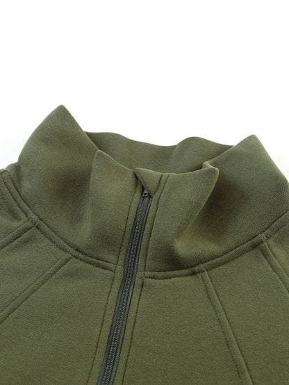 Green Ribbed Stand Collar Thumbhole Sleeve Casual Sweatshirt with Zipper