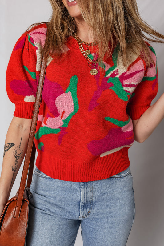 Red Floral Abstract Print Short Puff Sleeve Sweater