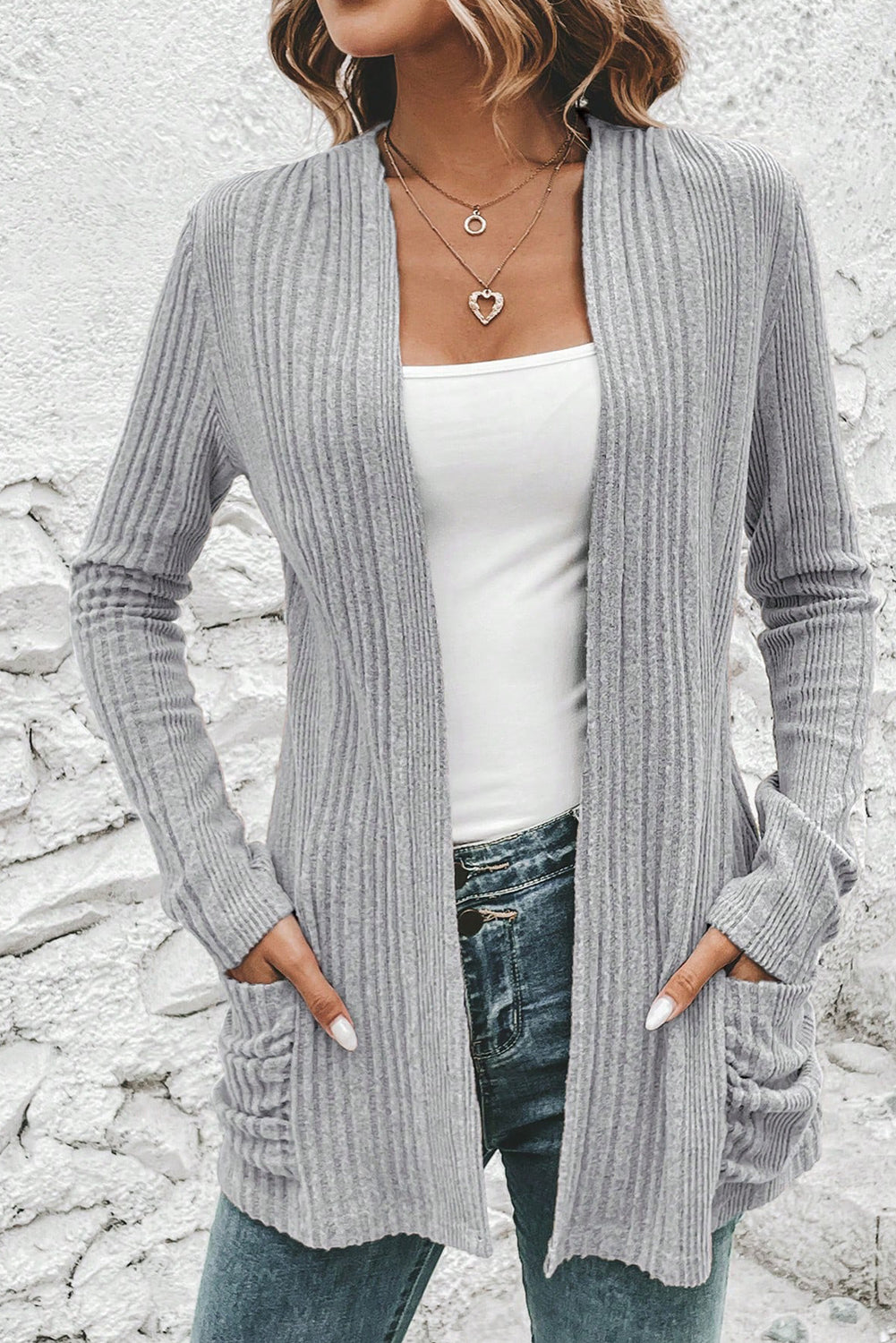 Light Grey Ribbed Open Front Knitted Top with Pockets