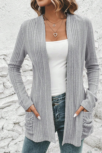 Light Grey Ribbed Open Front Knitted Top with Pockets